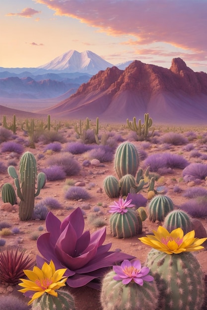 Desert landscape with flowering cactuses in foreground