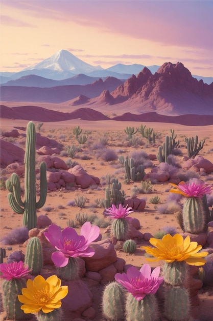 Desert landscape with flowering cactuses in foreground