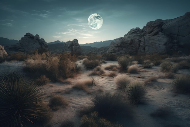 A desert landscape with a full moon in the sky