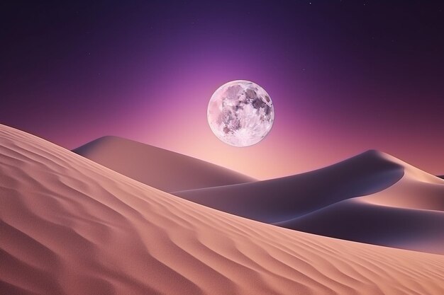 A desert landscape with a full moon in the sky