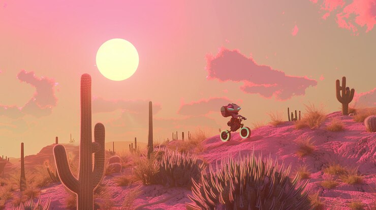 Photo a desert landscape with a girl riding a bike in front of a sunset