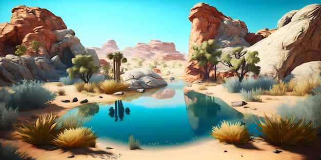 A desert landscape with a lake in the foreground and a desert landscape in the background.