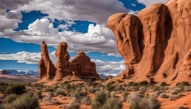 a desert landscape with a large rock formation in the middle