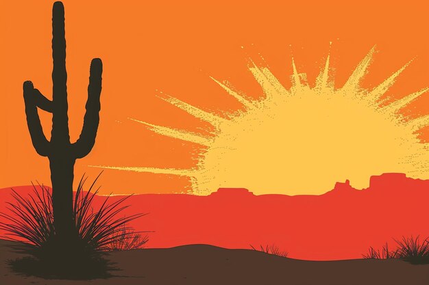 Photo desert landscape with lone cactus silhouetted against the setting sun on the distant horizon