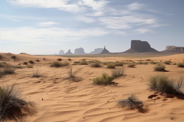 Desert landscape with mirage of towering skyscrapers in the distance