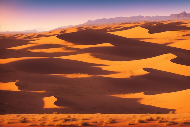 A desert landscape with a mountain range in the background