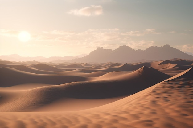 A desert landscape with a mountain range in the background