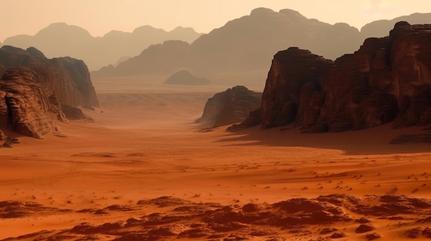 A desert landscape with mountains in the background.