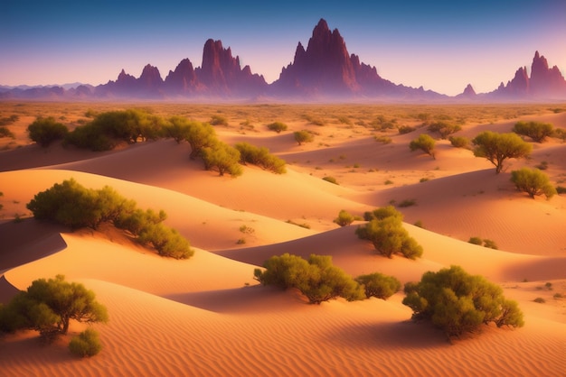 A desert landscape with mountains in the background