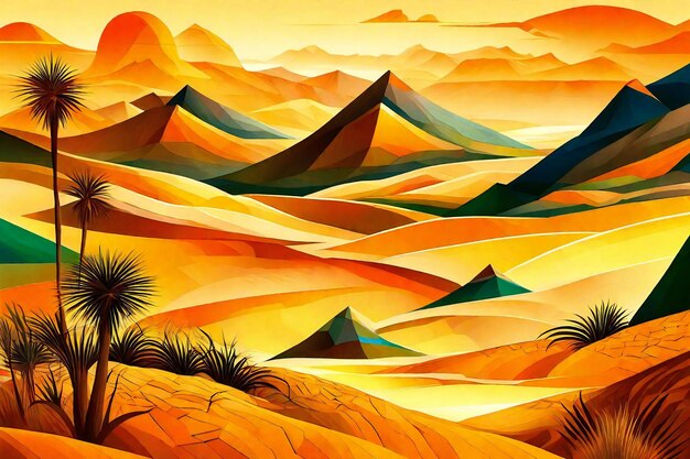 Desert landscape with mountains and palm trees colorful illustration