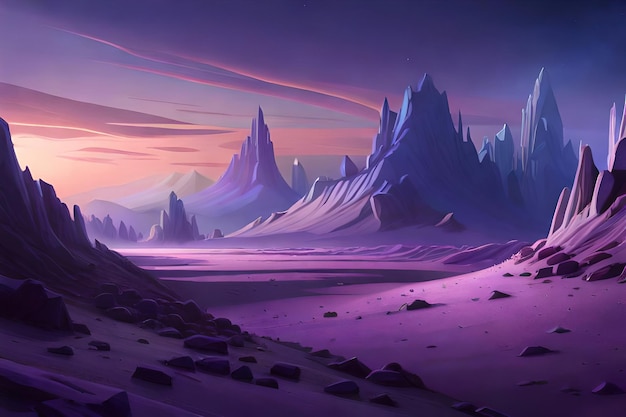 A desert landscape with mountains and a purple sky