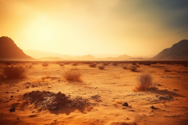 Desert landscape with mountains and the sun