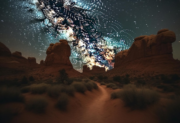 A desert landscape with a night sky and a trail that has the word stars on it.