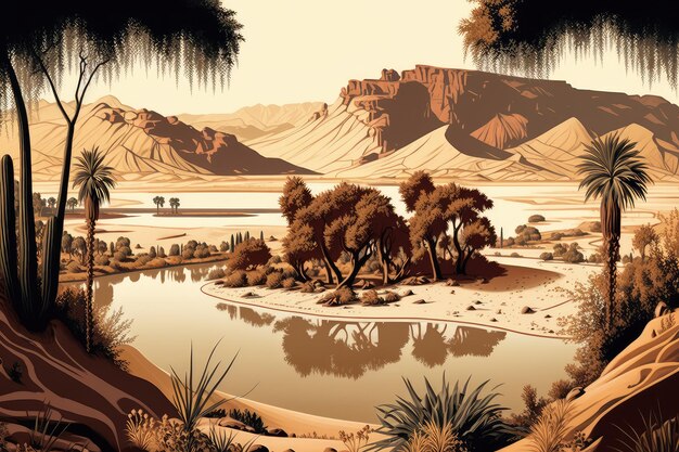砂漠の湖の周りにオアシスと丘がある砂漠の風景