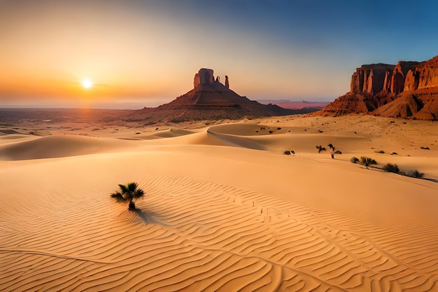 A desert landscape with a palm tree in the desert