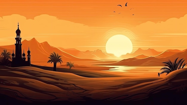 A desert landscape with palm trees and a sunset wonderful scene high quality image background