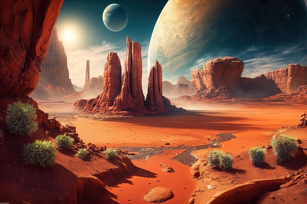 Foto un paesaggio desertico con un pianeta e un pianeta