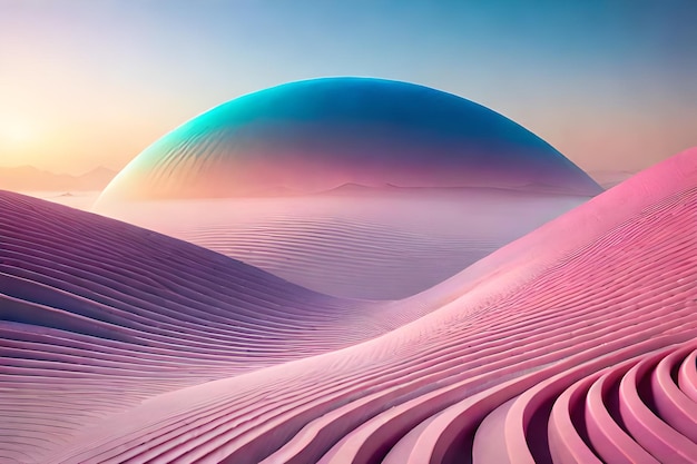 A desert landscape with a rainbow colored dome in the desert.
