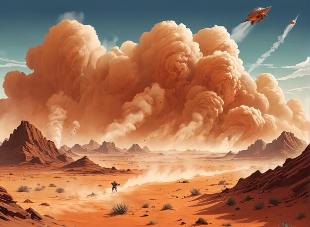 Photo a desert landscape with a red planet and a red planet in the background