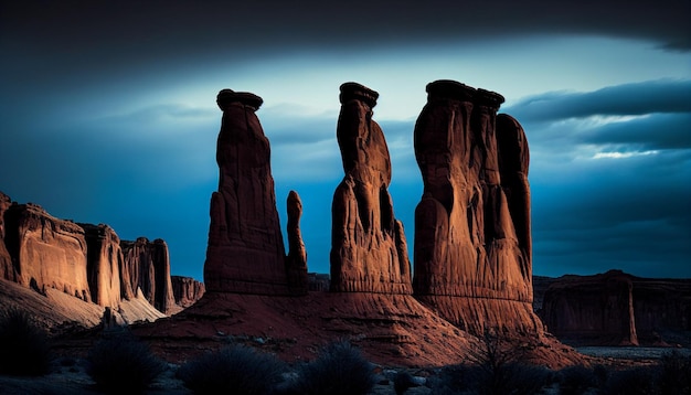 A desert landscape with a red rock formation in the foreground and a blue sky in the background.