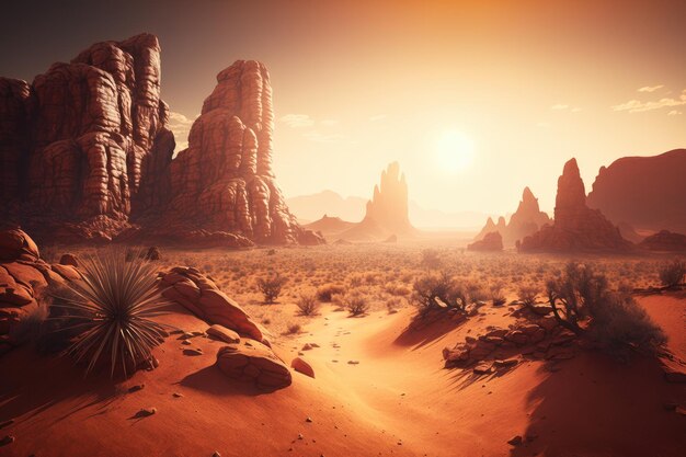 Foto paesaggio desertico con formazioni rocciose rosse nei raggi dell'alba creato con l'ia generativa