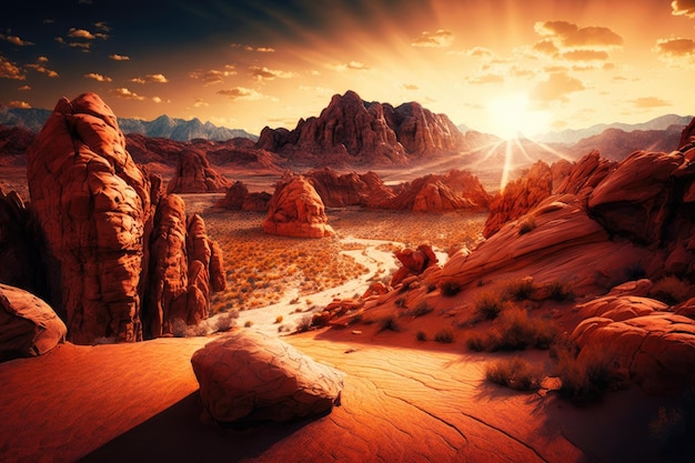 Пустынный пейзаж с красными скальными образованиями и лучами заката, созданный с помощью генеративного ИИ