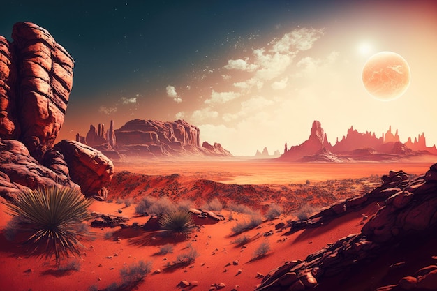 Desert landscape with red rock formations and sun hanging low in sky created with generative ai