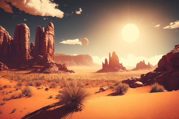 Desert landscape with red rock formations and sun in sky created with generative ai