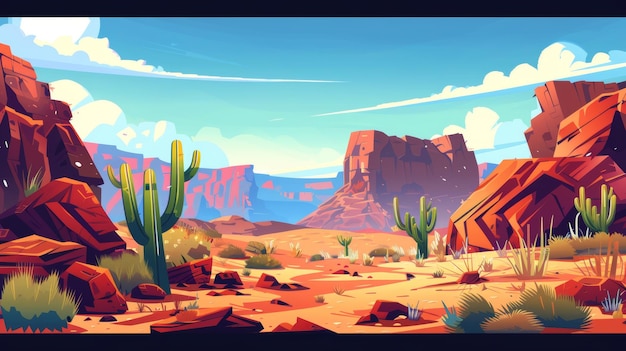 Desert landscape with red rocks cliffs and cacti in Arizona Cartoon modern illustration of sandy scenery with canyons wild cacti and grass