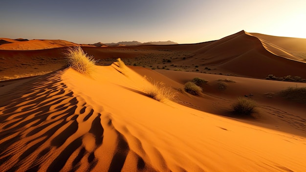 A desert landscape with a red sand dune and the sun setting