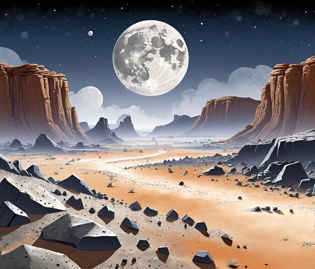 a desert landscape with rocks and a full moon