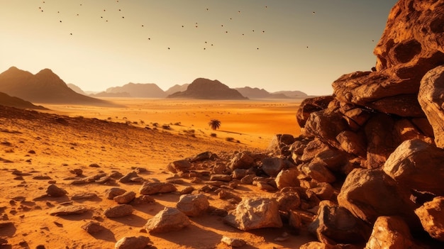 a desert landscape with rocks and mountains in the background