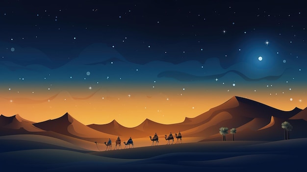 desert landscape with rolling sand dunes and a starry night sky cartoon illustration ai