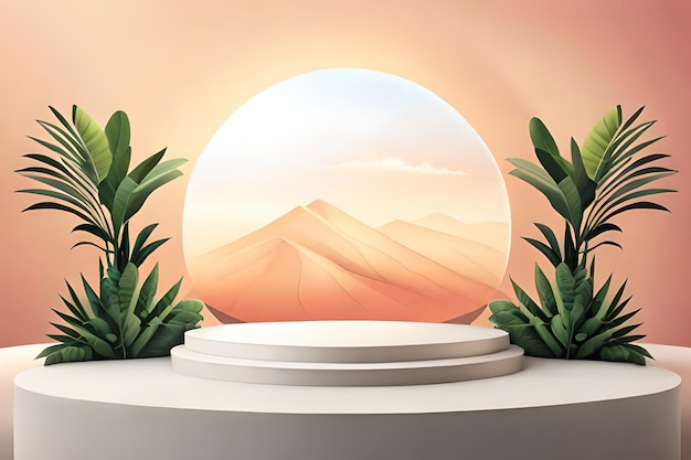 A desert landscape with a round white podium and a desert landscape.