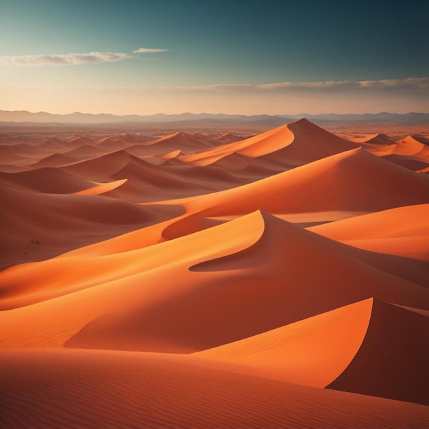 A desert landscape with sand dunes and mountains in the background.