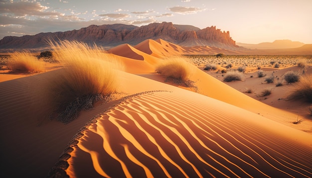 A desert landscape with sand dunes and mountains in the background.