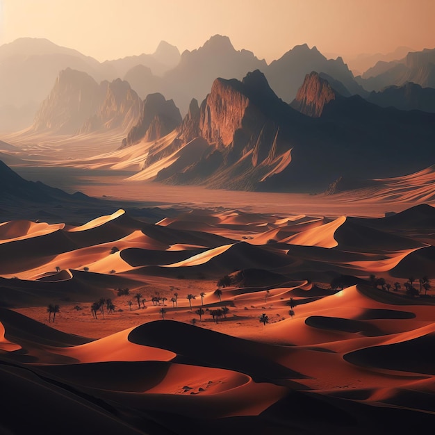 Desert landscape with sand dunes and mountains bathed in the warm glow of sunrise or sunset