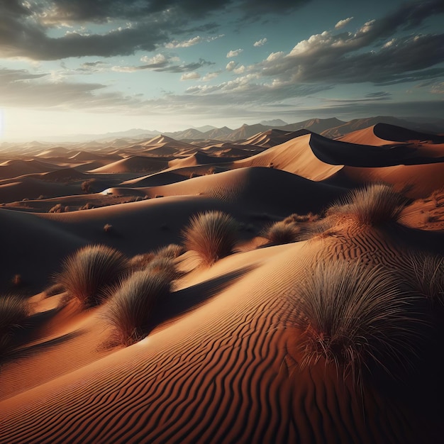 Desert landscape with sand dunes and shrubs bathed in the warm glow of a setting sun