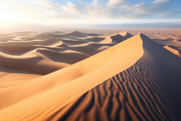 A desert landscape with sand dunes and the sky in the background.