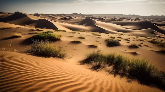 A desert landscape with sand dunes and the sky in the background.