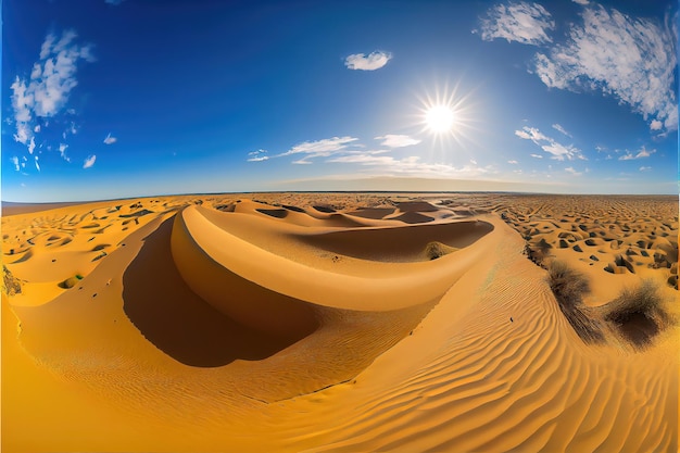 A desert landscape with sand dunes and the sun