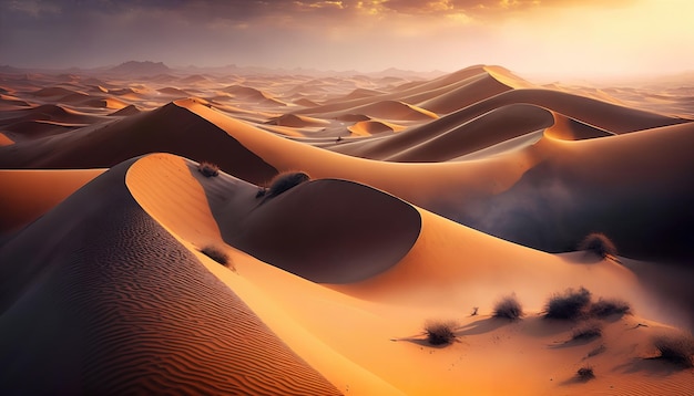 A desert landscape with sand dunes and a sunset