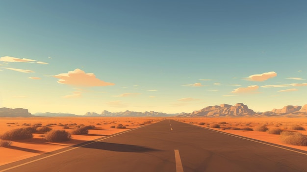 砂の道のある砂漠の風景 長くまっすぐな未舗装の道路が遠くの漫画スタイルに消えます