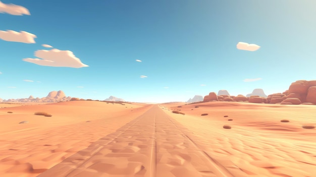 Desert landscape with sand road A long straight dirt road disappears into the distant cartoon style