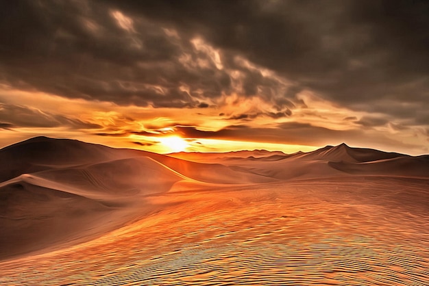 Desert landscape with the setting sun