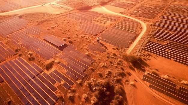 A desert landscape with solar panels in the foreground