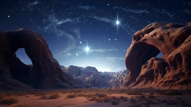 a desert landscape with a star in the sky