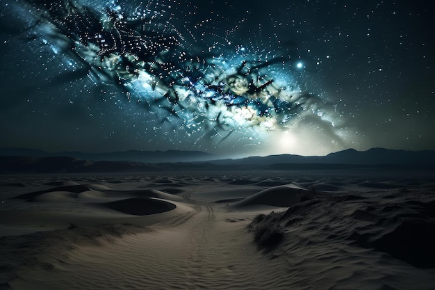 A desert landscape with a starry sky and the word stars.