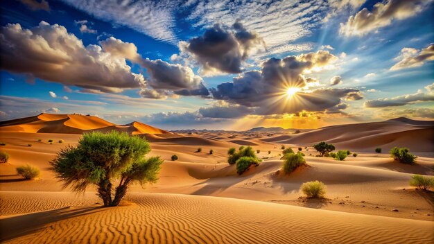 砂漠の上に太陽が沈む砂漠の風景