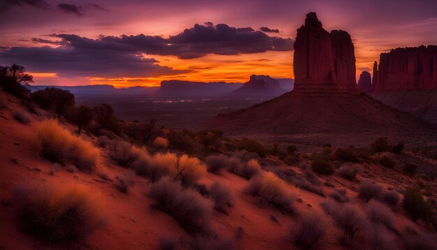 a desert landscape with a sunset in the background